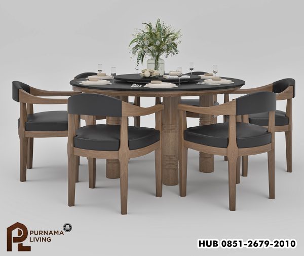 Set Meja Makan Bundar Modern Flint 6 Orang