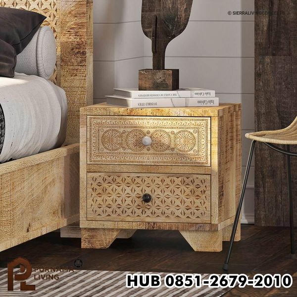 Meja Nakas 2 Laci Ukiran Bergaya Pedesaan Model Cumbria