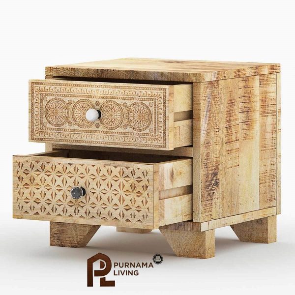 Meja Nakas 2 Laci Ukiran Bergaya Pedesaan Model Cumbria